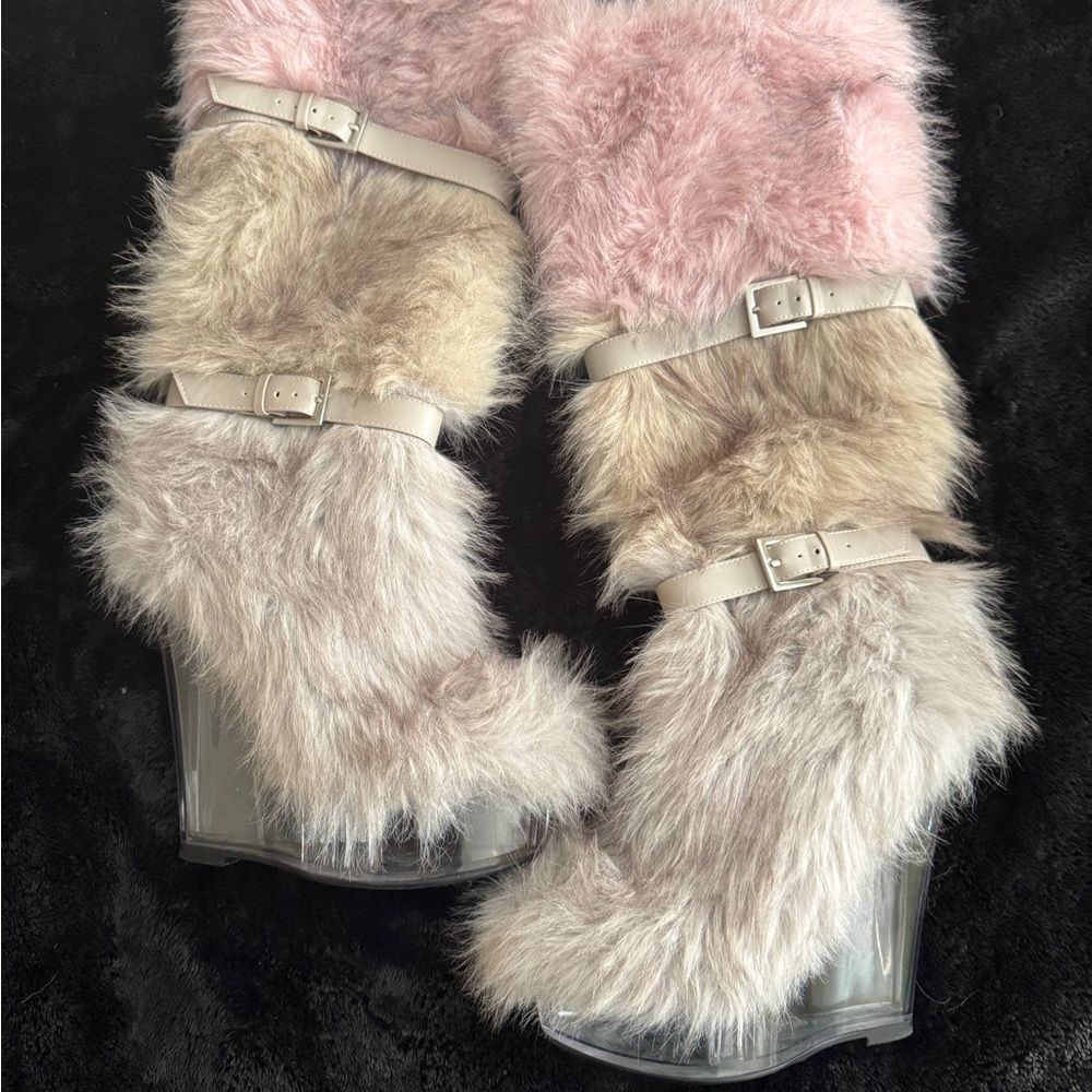 Faux Fur Knee-High Boots in Pink and Beige